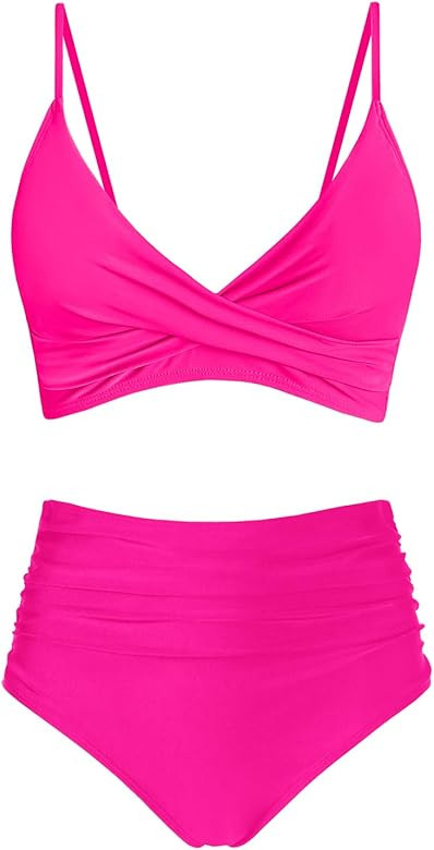 Women's High Waisted Bikini Sets Push Up Twist Front Spaghetti Straps Ruched Two Piece Swimsuit B... | Amazon (US)