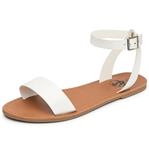 Trary White Sandals Women Dressy Summer Lightweight Adjustable Ankle Strap Metal Buckle Open Toe Wide Width Flat Sandals | Amazon (US)
