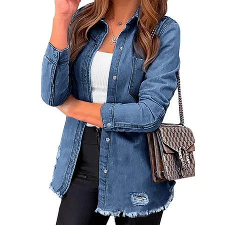 Luvamia Womens Denim Jacket Distressed Button Down Jean Shirt for Women Ripped Shacket Coat M Fit Size 8 Size 10 | Walmart (US)