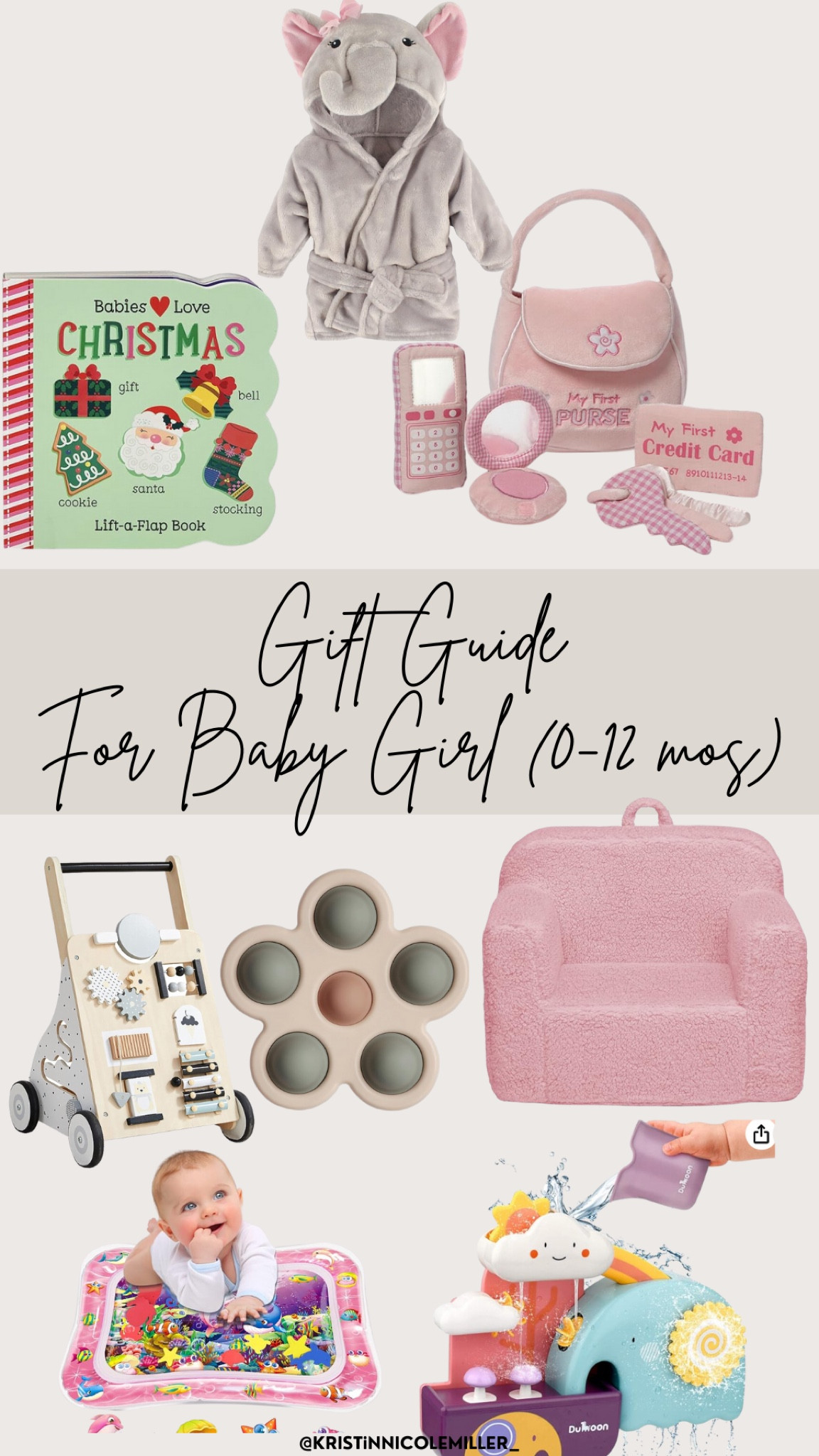 Gift guide for baby girl 0-12 months, elephant, bath robe, book, little girl purse, push toy, popper, Sherpa chair, water mat, bath toy 

#LTKGiftGuide #LTKHoliday #LTKSeasonal