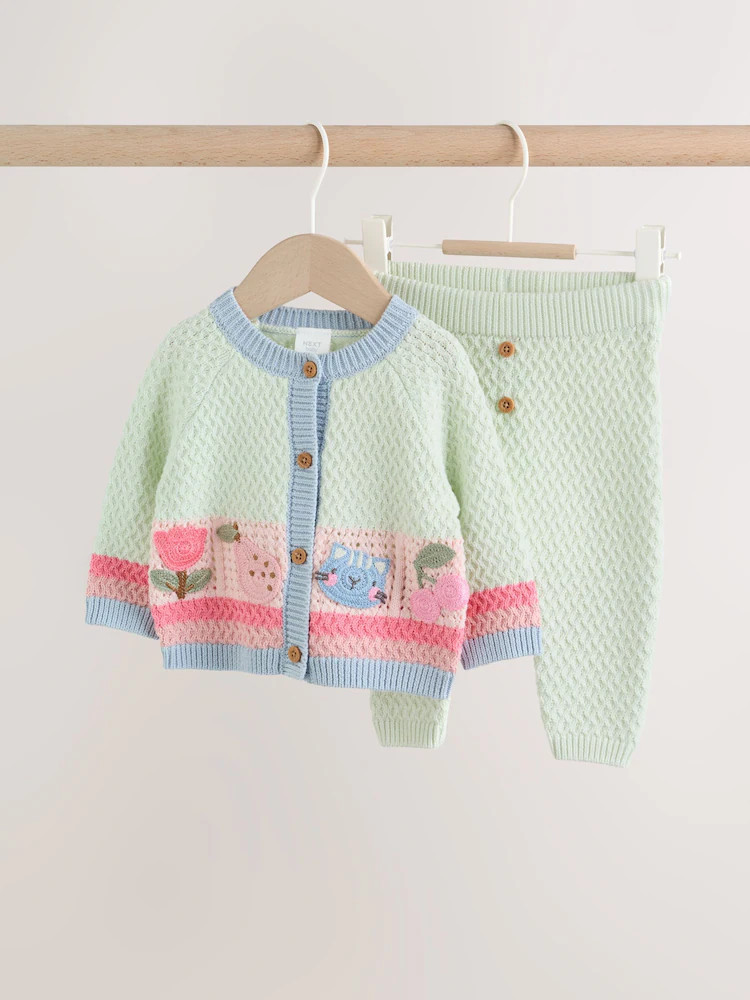 Sage Green Crochet Animal Knitted Cardigan and Legging Baby Set (0mths-2yrs) | Next US