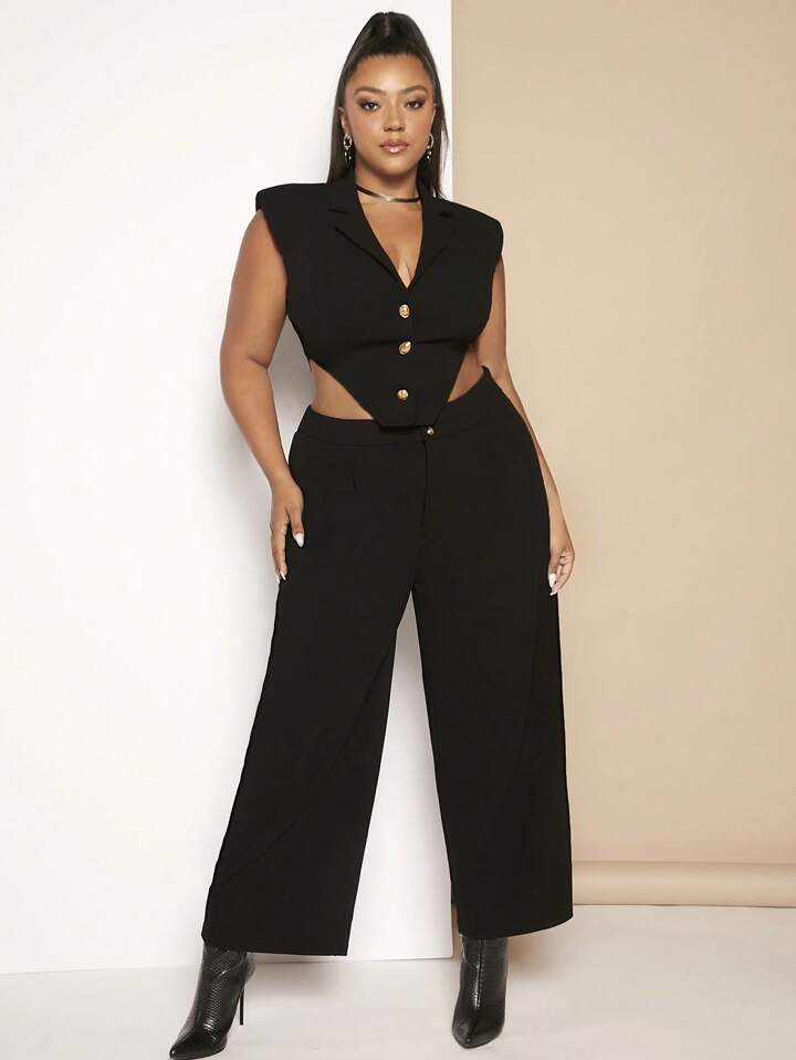 SHEIN SXY Plus Lapel Neck Asymmetrical Hem Vest Jacket & Wide Leg Pants | SHEIN
