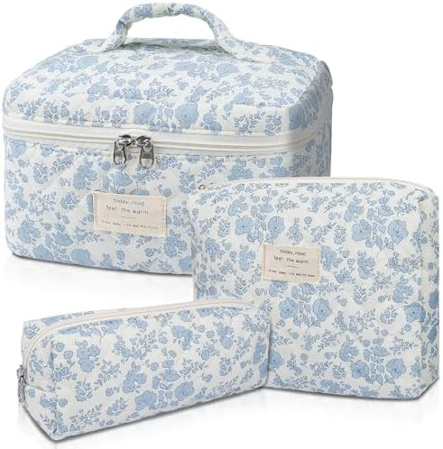 Makeup Bag, Large Quilted Cosmetic Bag, Big Floral Make Up Bag for Women Girls, Cute Cotton Makeu... | Amazon (US)