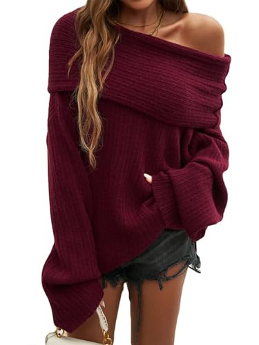Tbahhir Off The Shoulder Oversized Sweaters for Women Batwing Long Sleeve Chunky Slouchy Cable Knitted Pullover Tops Wine | Amazon (US)