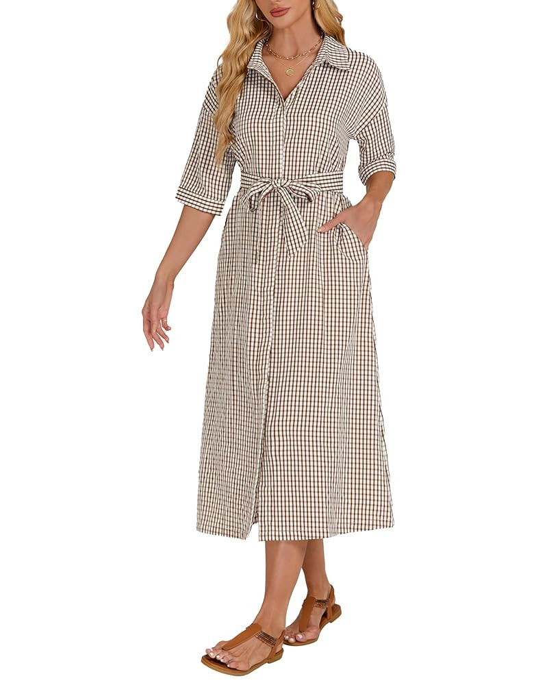 Women's Half Sleeve Plaid Midi Dress Collar V Neck Belted Casual Button Down Long Loose Dress | Amazon (US)
