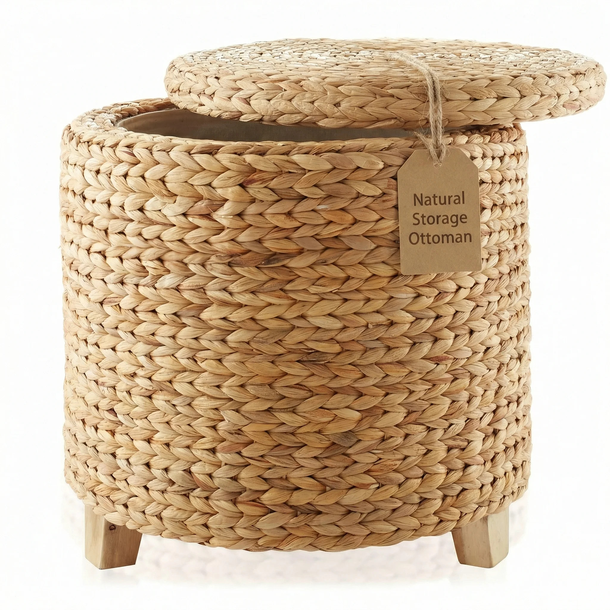 DEILSY Natural Water Hyacinth Round Storage Ottoman with Removable Lid, Fabric Liner & Wooden Fee... | Walmart (US)