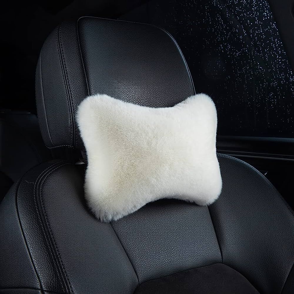 Kavanda 1 Pcs Furry Car Neck Pillow White, Car Headrest Pillow Fluffy, Bone Shaped Plushy Faux Fu... | Amazon (US)