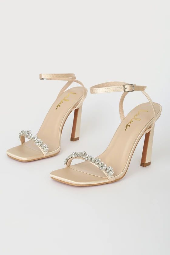 Goldiena Champagne Satin Rhinestone Ankle Strap Heels | Lulus (US)