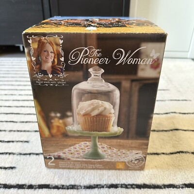 NEW The Pioneer Woman Jadeite Green Footed Pedestal Cupcake Stand Glass Cover | eBay US