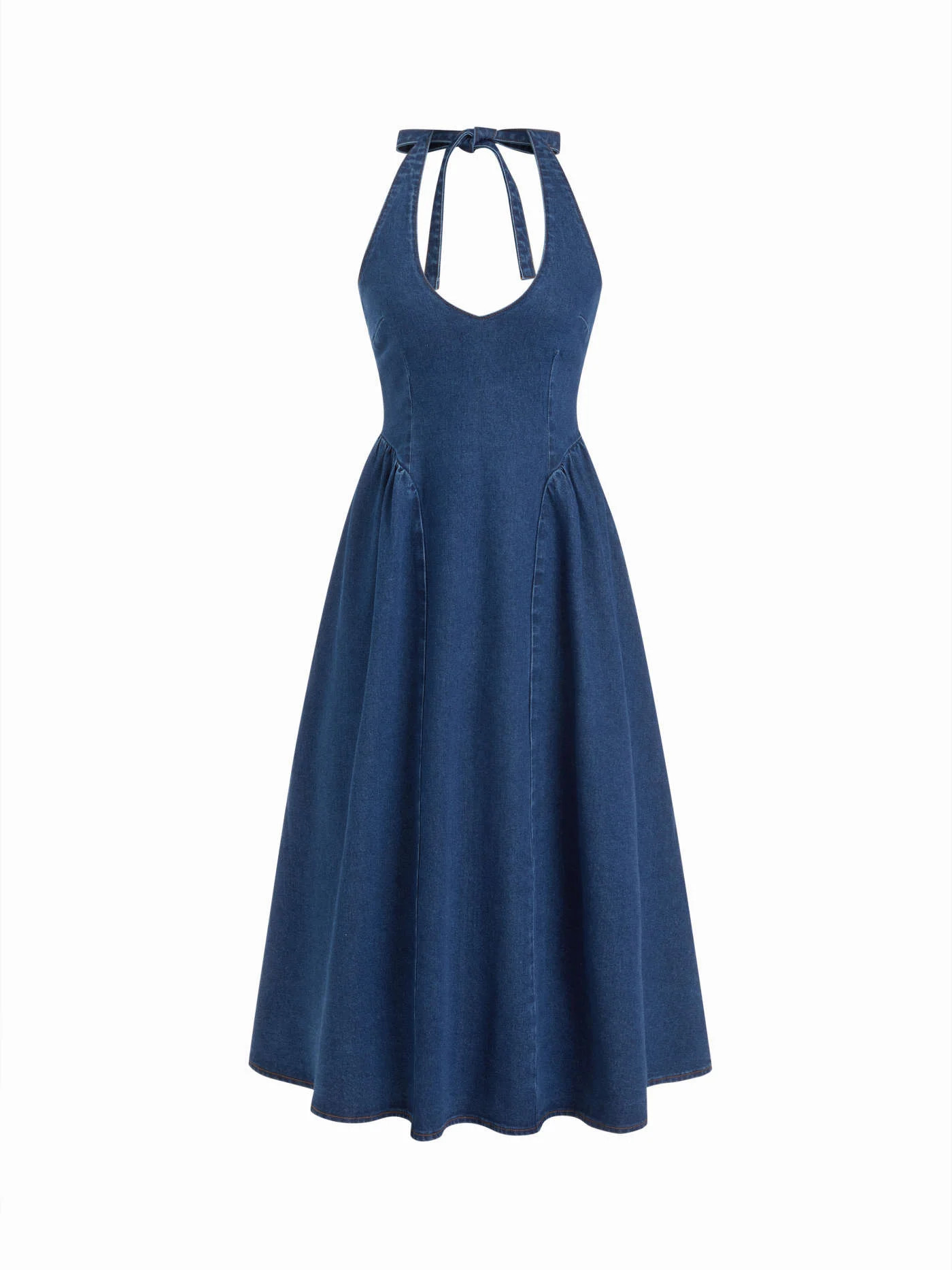 STRETCH DENIM HALTER NECKLINE WASHED A-LINE MAXI DRESS | Cider