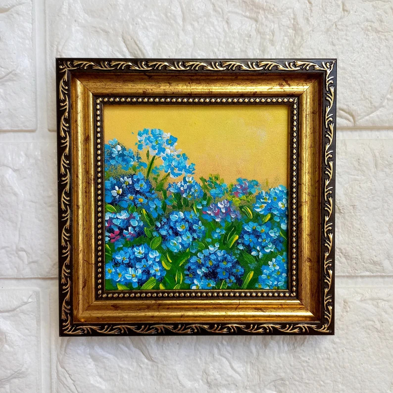 Forget Me Nots Original Painting Blue Flowers Small Gold Framed Original Art Painting Bouquet Art... | Etsy (US)