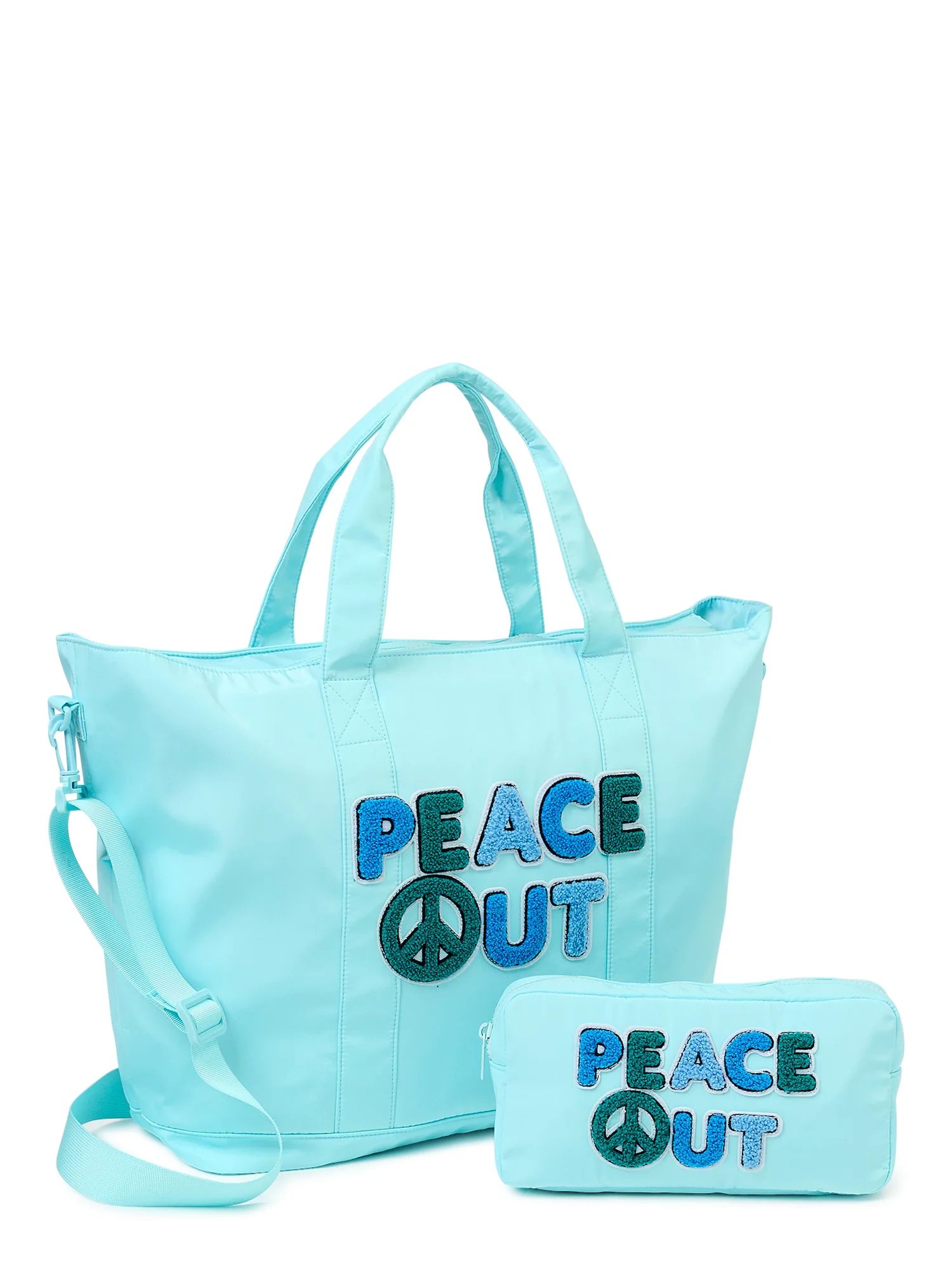 No Boundaries Women’s Peace Out Tote Bag and Pouch, 2-Piece Set Aqua Spa | Walmart (US)