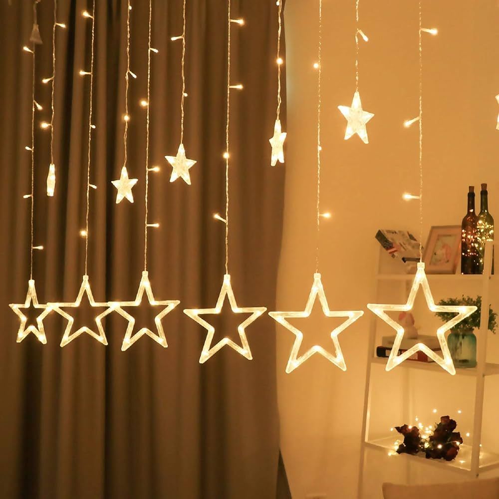 12 Stars 138 LED Christmas Star Lights, Curtain String Lights Plug In for Bedroom Wall Decor with... | Amazon (US)