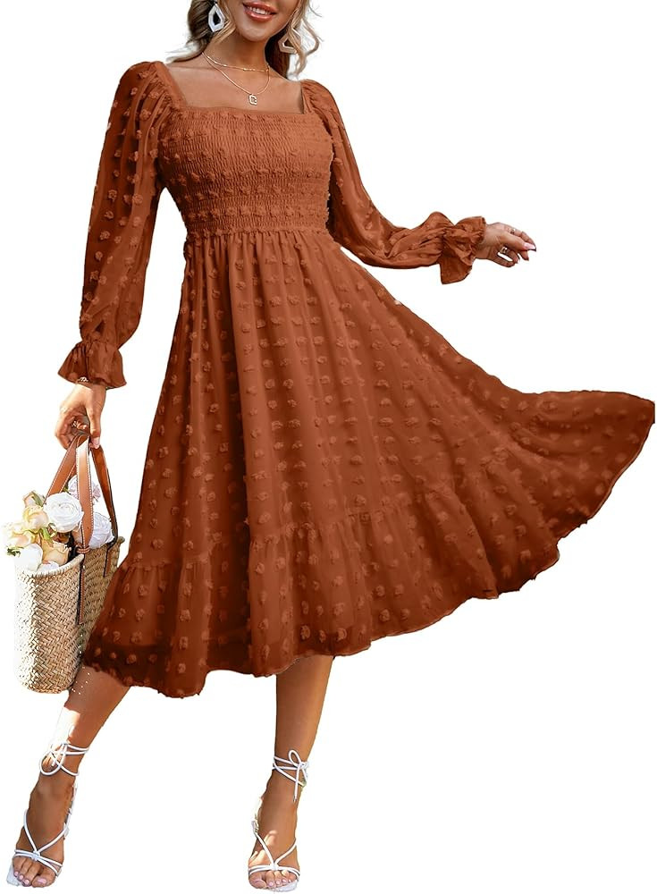 Amegoya Women's Boho Flowy Long Sleeve Square Neck Floral Midi Dress Smocked Spring Fall Wedding ... | Amazon (US)