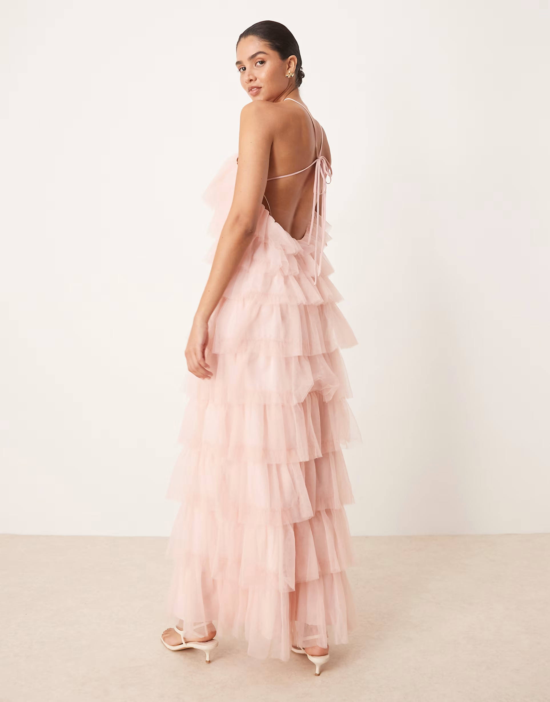 Pretty Lavish backless tulle ruffle maxi dress in peony pink | ASOS | ASOS (Global)