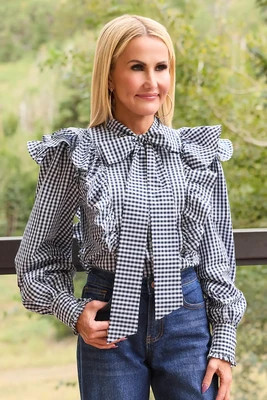 Ava Navy Gingham Ruffle Button Up Top | Avara