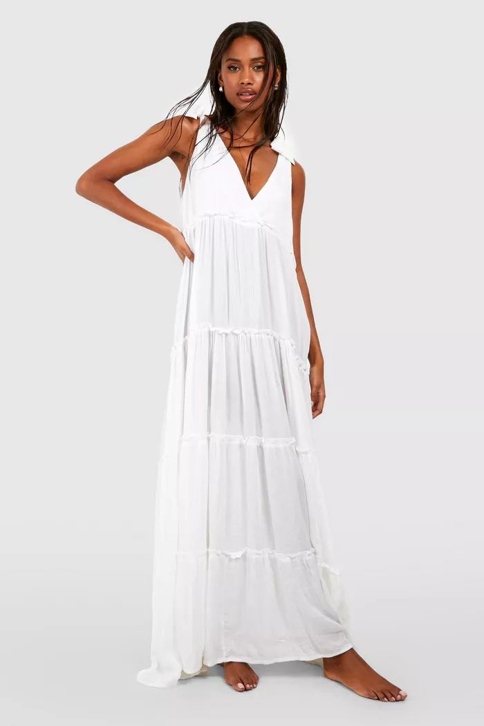 Cheesecloth Tie Shoulder Maxi Beach Dress | Boohoo.com (US & CA)