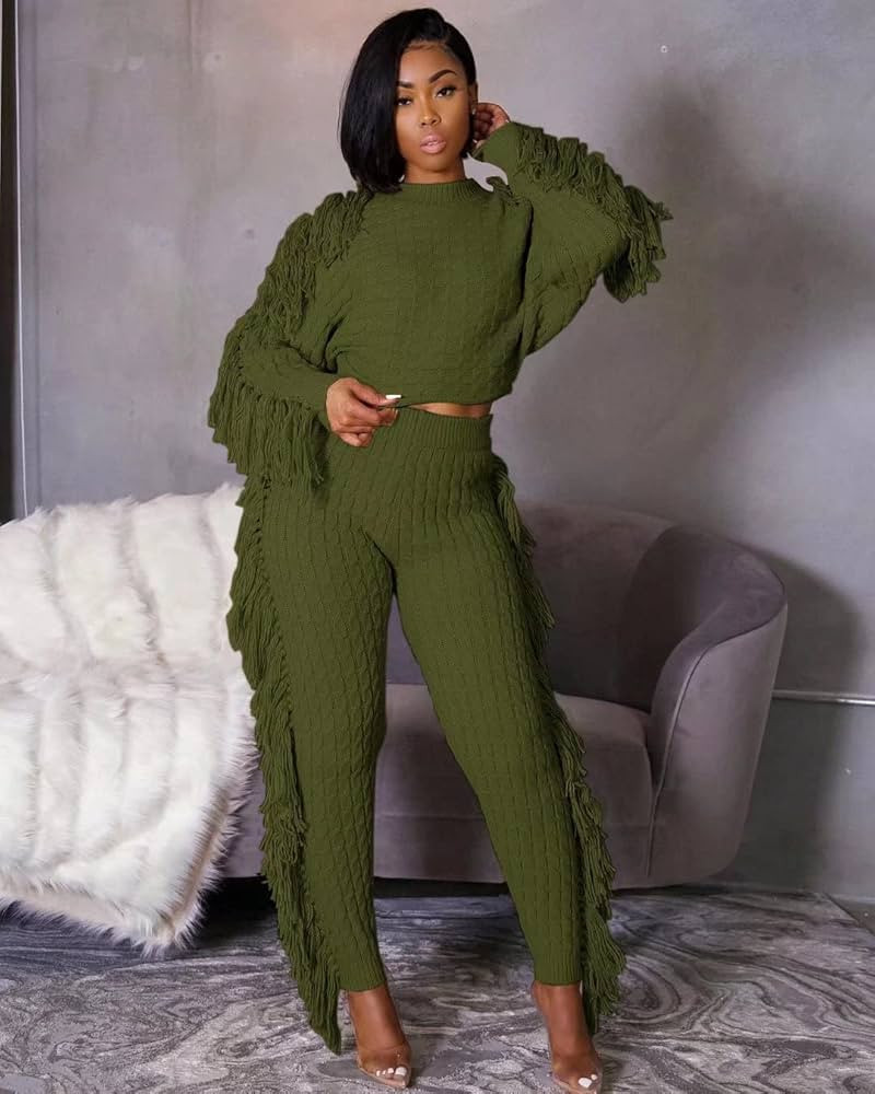 Womens Two Piece Knitted Tassel Sweaters Long Sleeve Cropped Tops and Pants Loungewear Sets | Amazon (US)