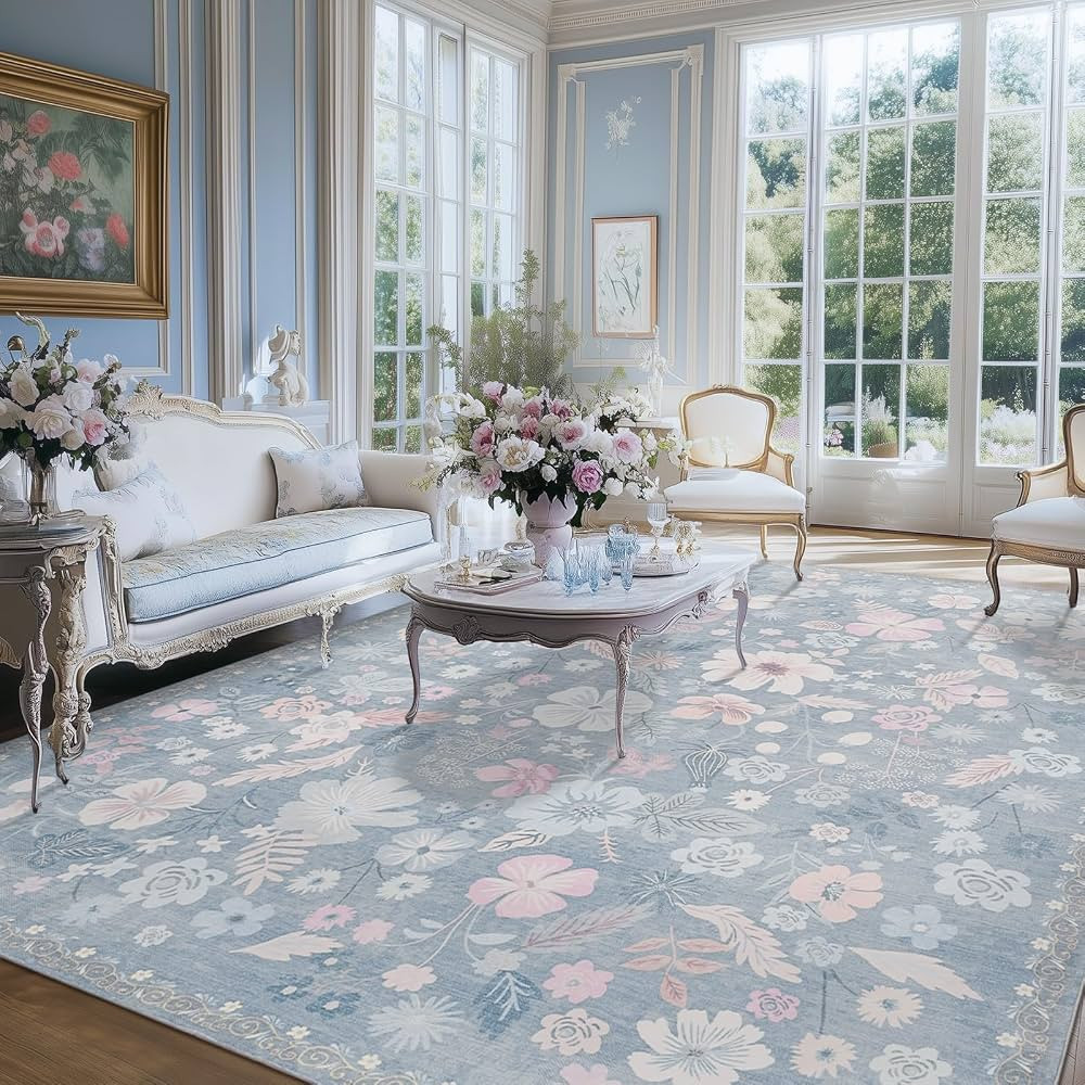 French Country 8x10 Area Rugs for Living Room Washable Blue Floral Stain Resistant Carpet Rug Sof... | Amazon (US)