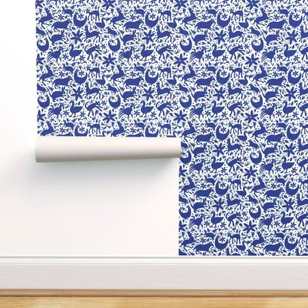 Removable Water-Activated Wallpaper Blue White Deer Otomi Cats Spring Happy | Walmart (US)