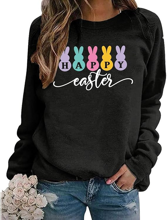 Easter Sweatshirts for Women Easter Sweaters Bunny Rabbit Graphic Shirt Cute Bunny Long Sleeve Pu... | Amazon (US)