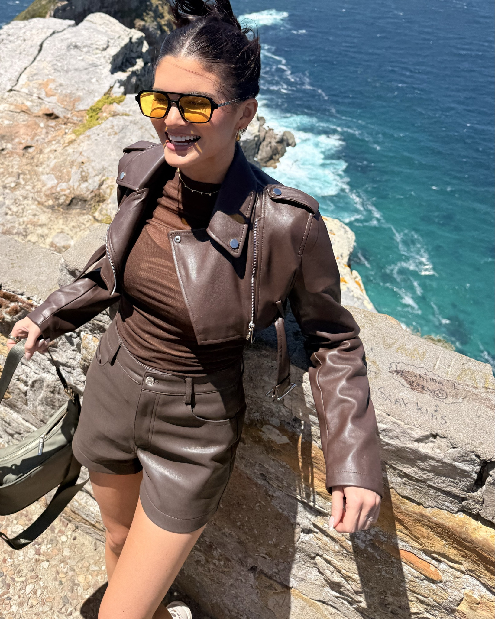 Akira brown leather crop jacket and short  set 