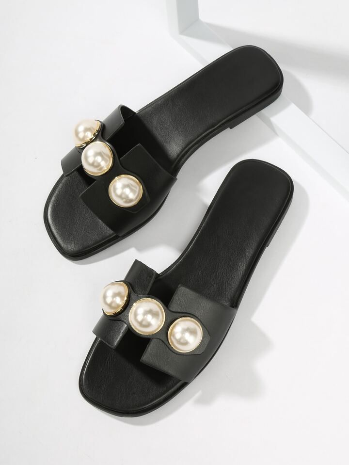 Women Faux Pearl Decor Flat Sandals, Fashion Black Slide Sandals | SHEIN