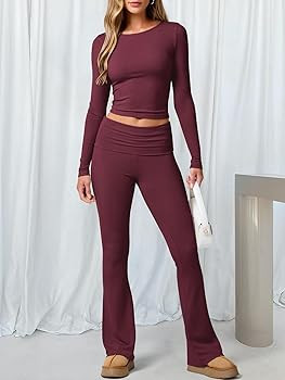 ANRABESS Women 2 Piece Outfits Lightweight Lounge Sets Long Sleeve Cropped Top Fold-over Flare Pa... | Amazon (CA)