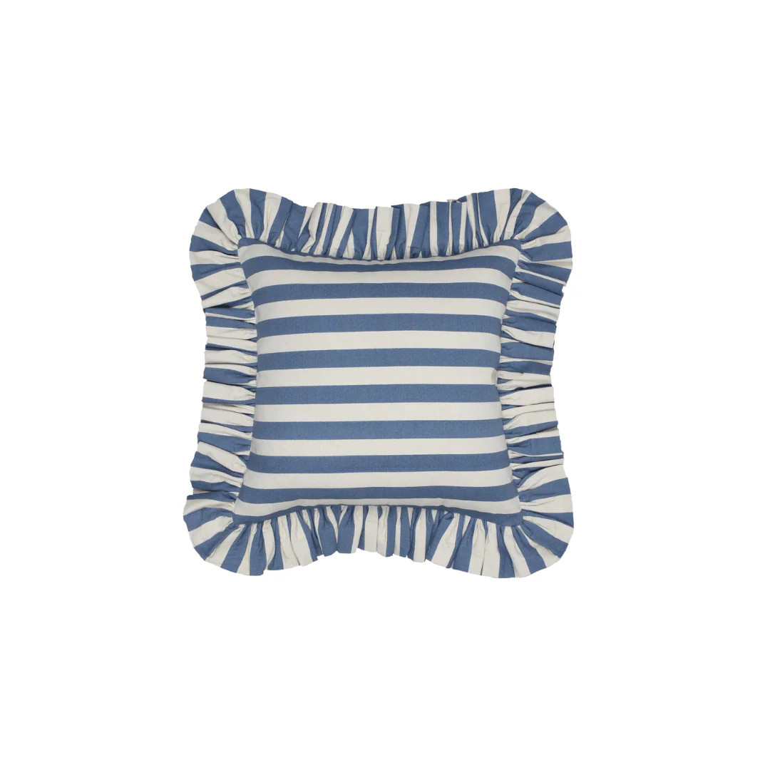 Tangier Denim Stripe Frilly Cushion | Noel Pittman