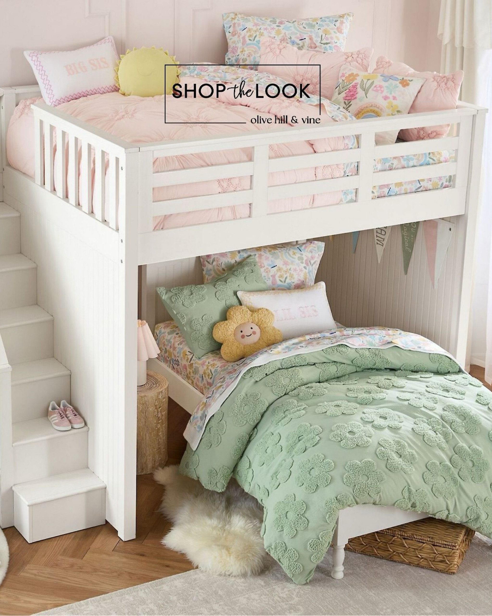 Step into a whimsical sister retreat! A white loft bed with a cozy lower setup, floral bedding, daisy & sun pillows, rainbow accents, and rattan lighting create a stylish haven. Add charm with Big Sis & Lil Sis pillow covers, a wood stump table, and woven storage. 

#LTKKids #LTKFamily #LTKHome
