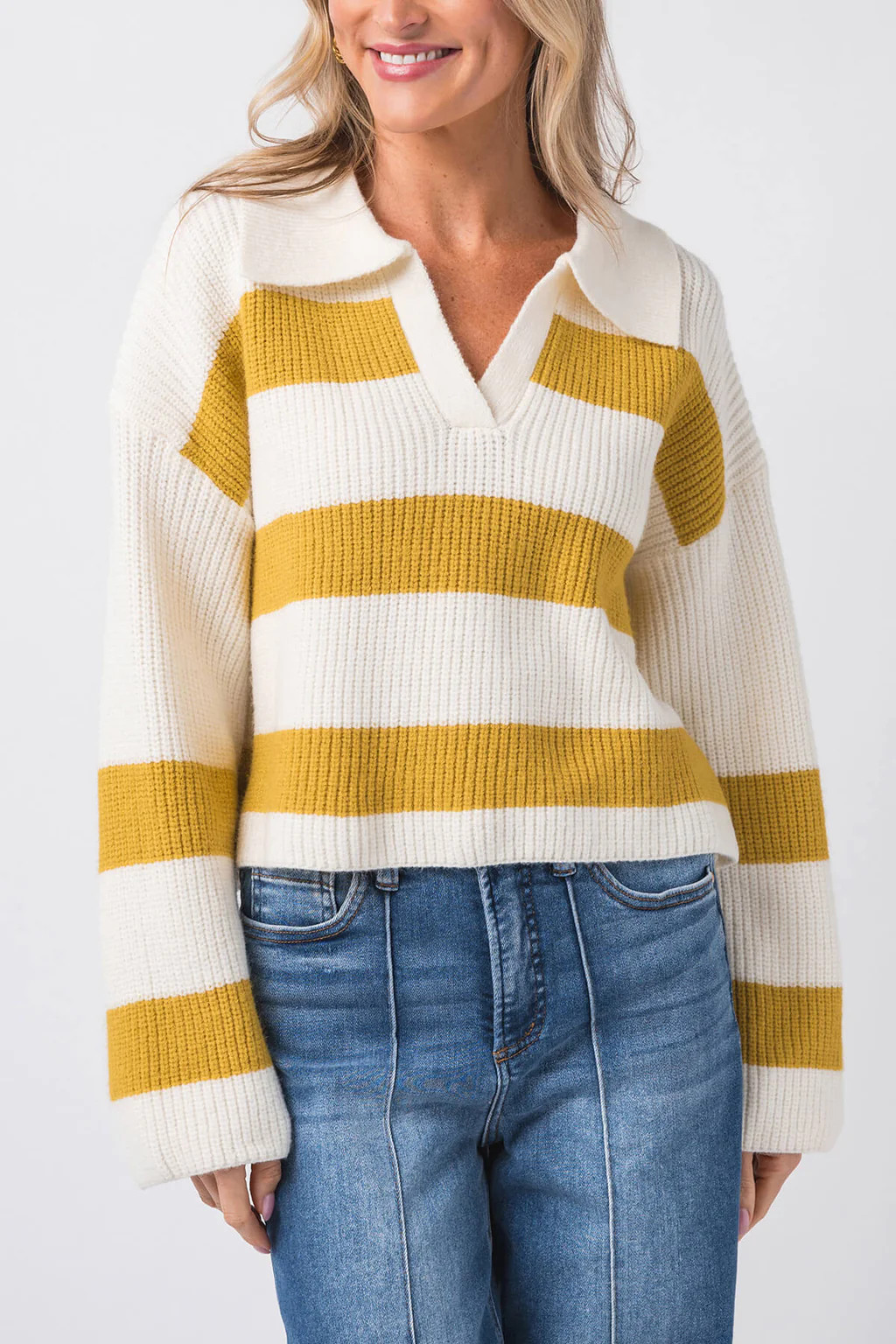 Buttermelon Stripe Drop Shoulder with Wide Collar Sweater | Social Threads