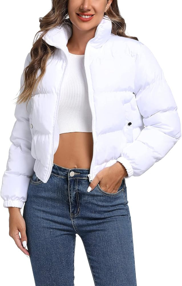 Hujoin Puffer Jacket Womens Casual Long Sleeve Bomber Jacket Full Zip Padded Winter Coat | Amazon (US)