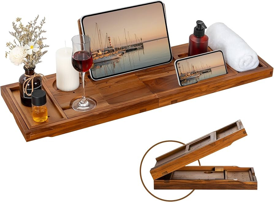 Teak Bathtub Tray - Luxury Bath Tray with Expandable Handles, Wine Glass and Phone Holders, Book ... | Amazon (US)