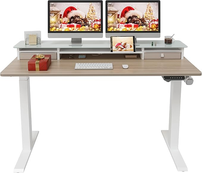 FEZIBO 55 x 24 Inch Height Adjustable Glass Electric Standing Desk with Double Drawer, Stand Up D... | Amazon (US)