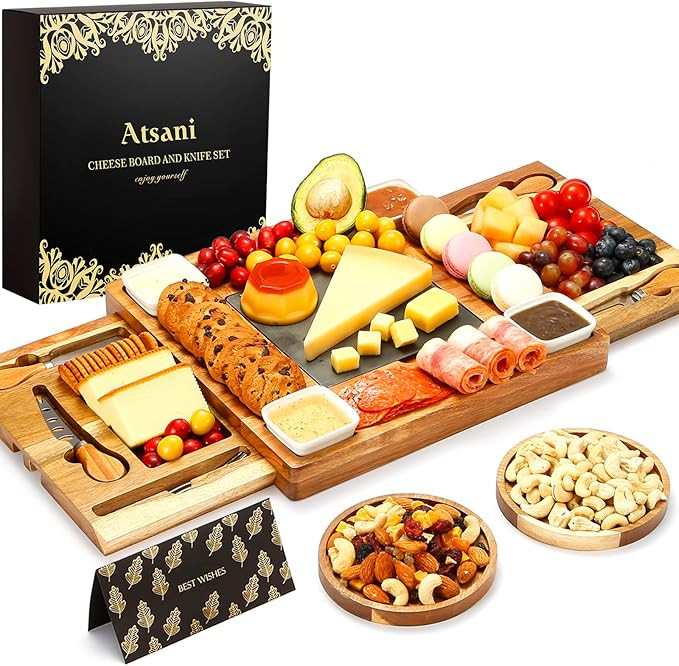 Cheese Board Set & Knife Set,Wood Charcuterie Boards,Cheese Tray with Cutlery in Double Slide-Out... | Amazon (US)