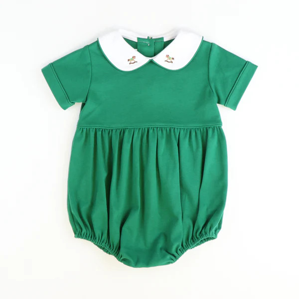 Embroidered Rocking Horse Collared Boy Bubble - Christmas Green Knit | Southern Smocked Co.