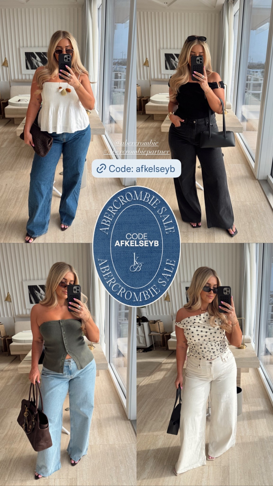 #Abercrombiepartner My @abercrombie code is back!! 🤍 30-50% off all jeans + 20% off almost everything else during their annual jeans sale this weekend!! Use ‘AFKELSEYB’ at checkout for an additional 15% off. 

I wear a 31 long in all denim (except a regular in the first white pair) 
Tops are all mediums 
