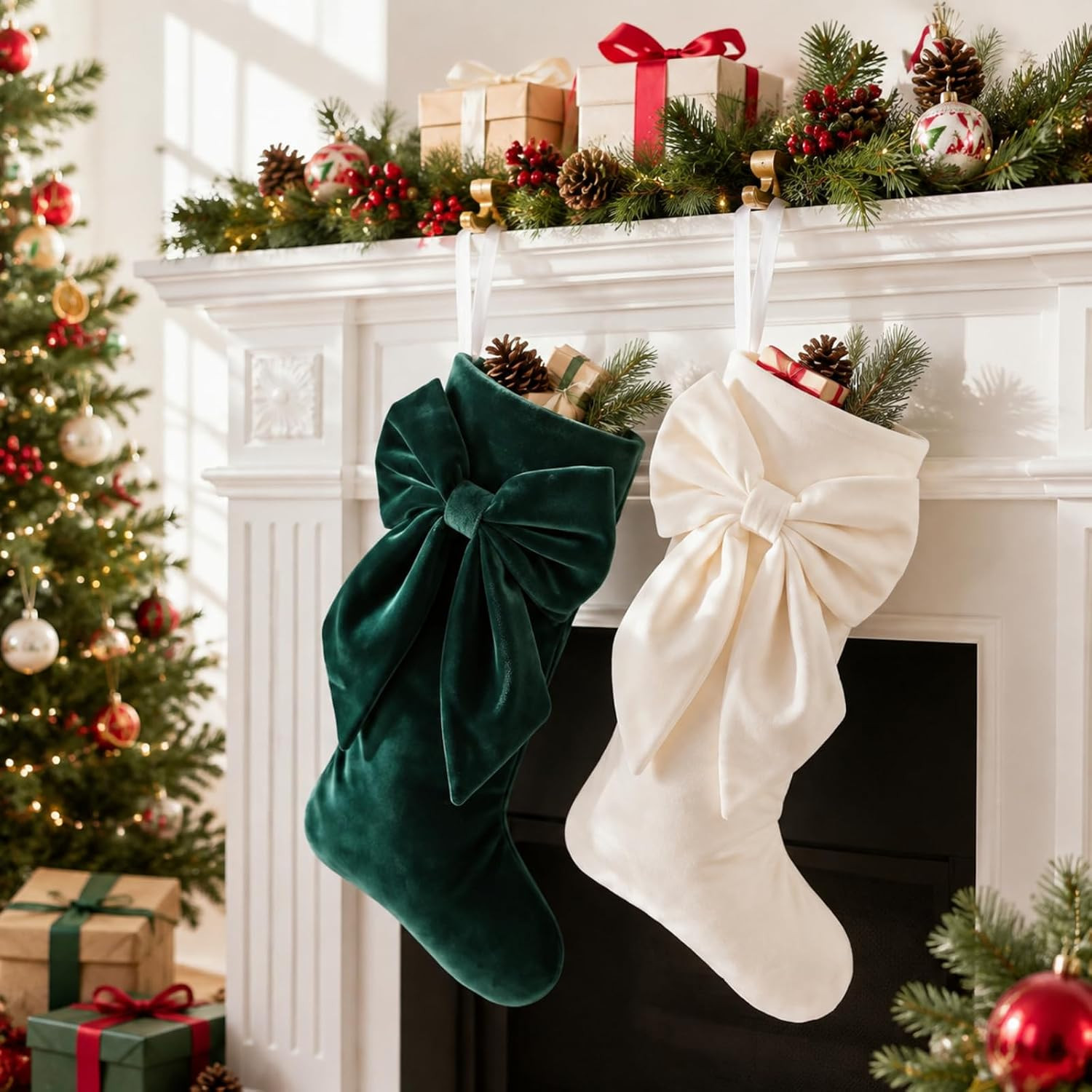 Seematn 2 Pack Trendy Green White Velvet Bow Christmas Stockings 18 Inch | Amazon (US)