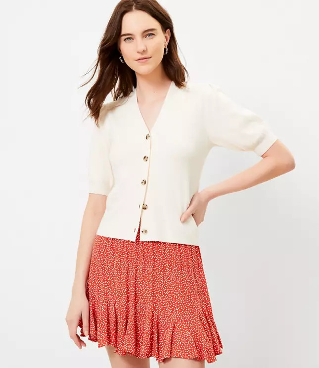 Puff Sleeve V-Neck Cardigan | LOFT