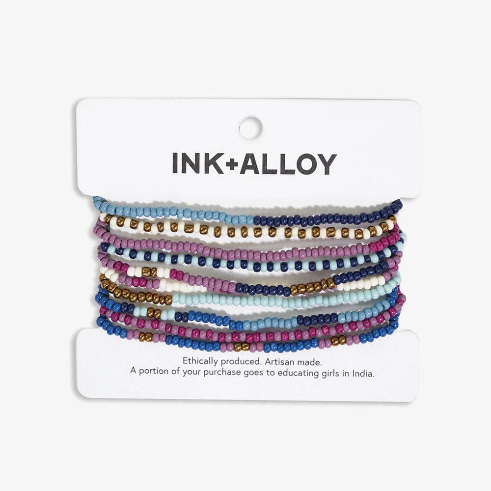 Sage Mixed Stripe Beaded 10 Strand Stretch Bracelet Set Blue + Lavender | INK+ALLOY