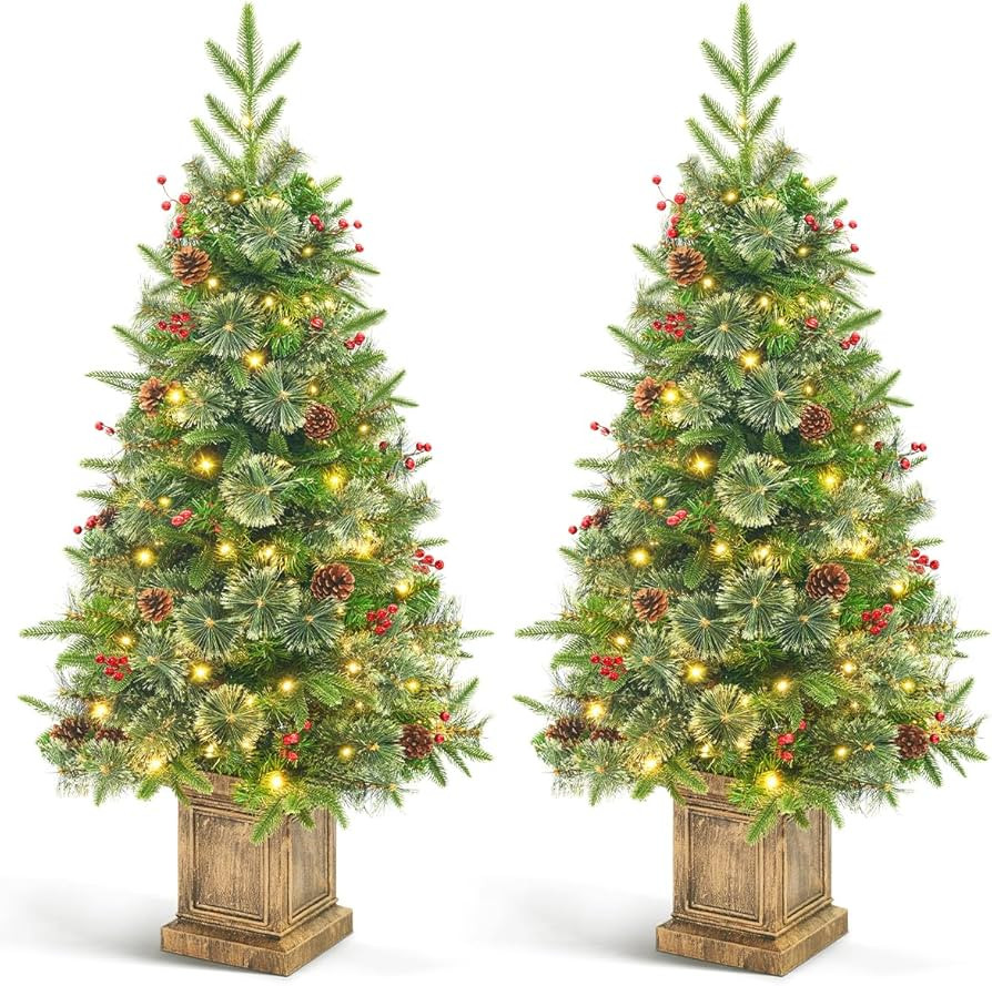 4FT Pre-Lit Artificial Mini Christmas Tree, 2 Pack Christmas Tree Outdoor with Vintage Potted Bas... | Amazon (US)
