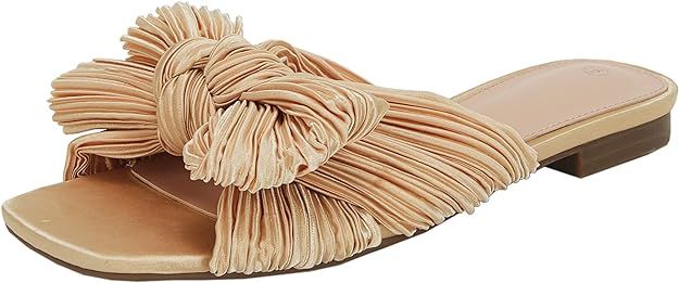 VETASTE Women's Pleated Bow Flat Sandals Open Square Toe Slip on Slide Sandals | Amazon (US)