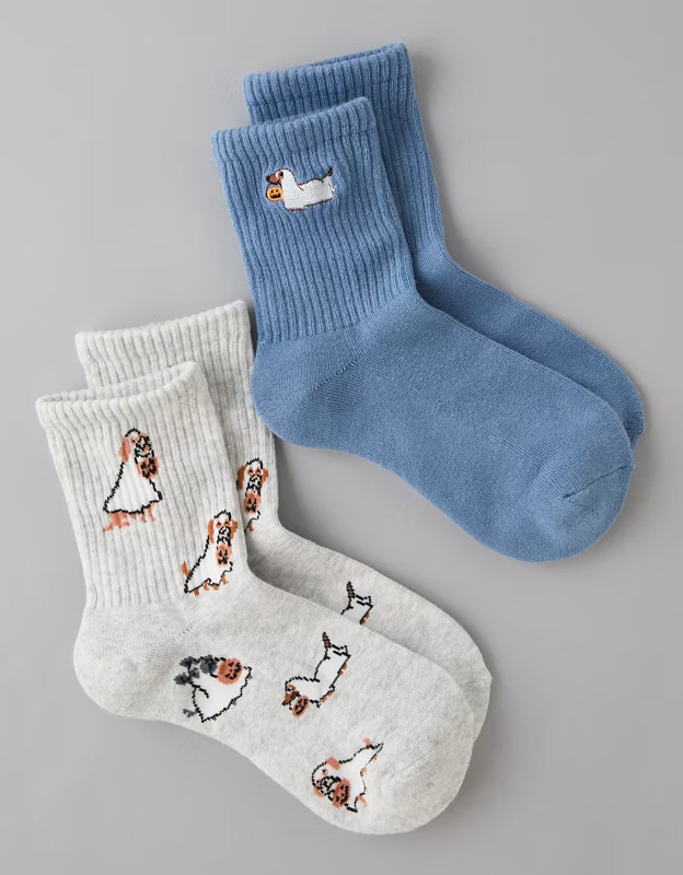 AE Halloween Dogs Cropped Crew Socks 2-Pack | American Eagle Outfitters (US & CA)
