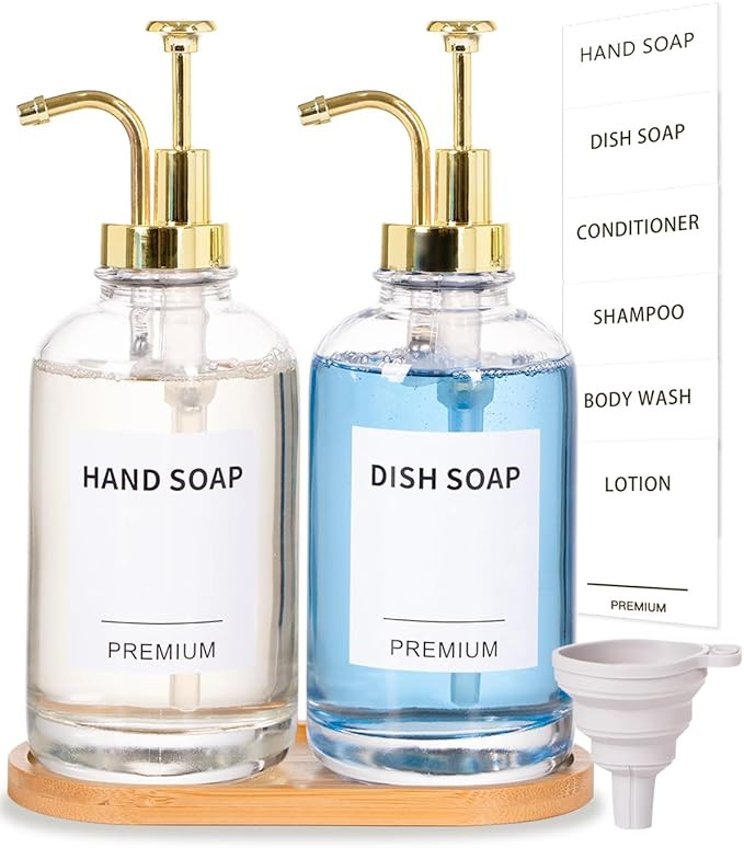 Dish Soap Dispenser for Kitchen, Hand Glass Soap Dispenser Set with Pump, Tray, Funnel for Bathro... | Amazon (US)