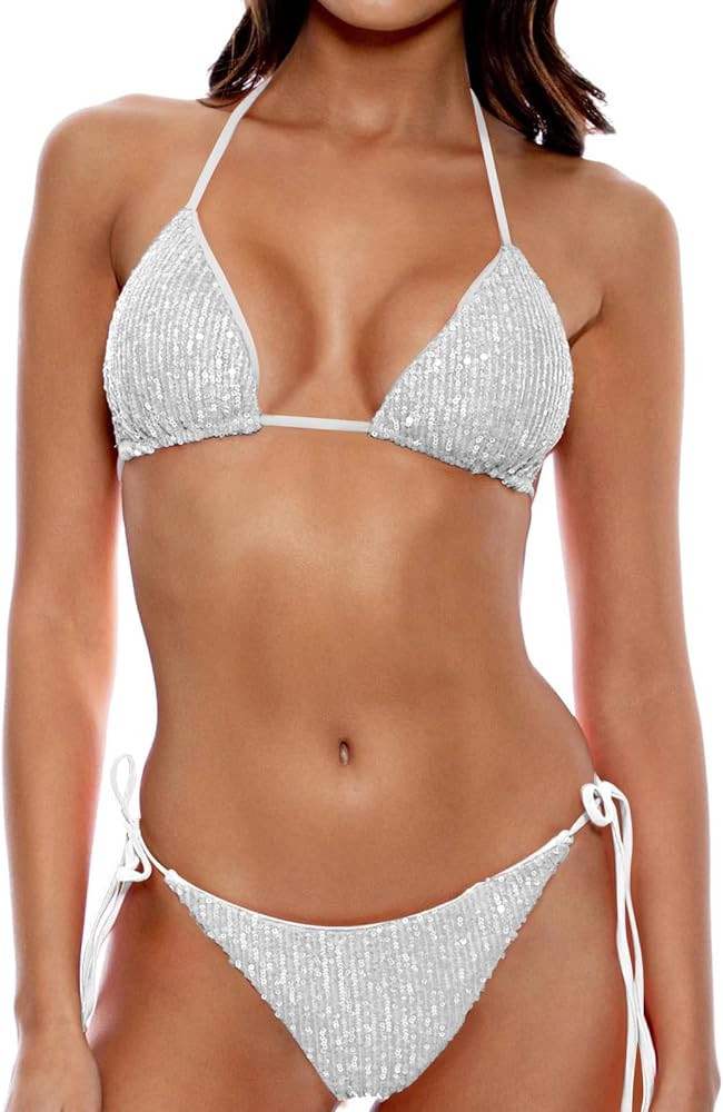 Women's Triangle Sequin Bikini Set Brazilian Halter String Backless Tie Side Thong Two Piece Swim... | Amazon (US)