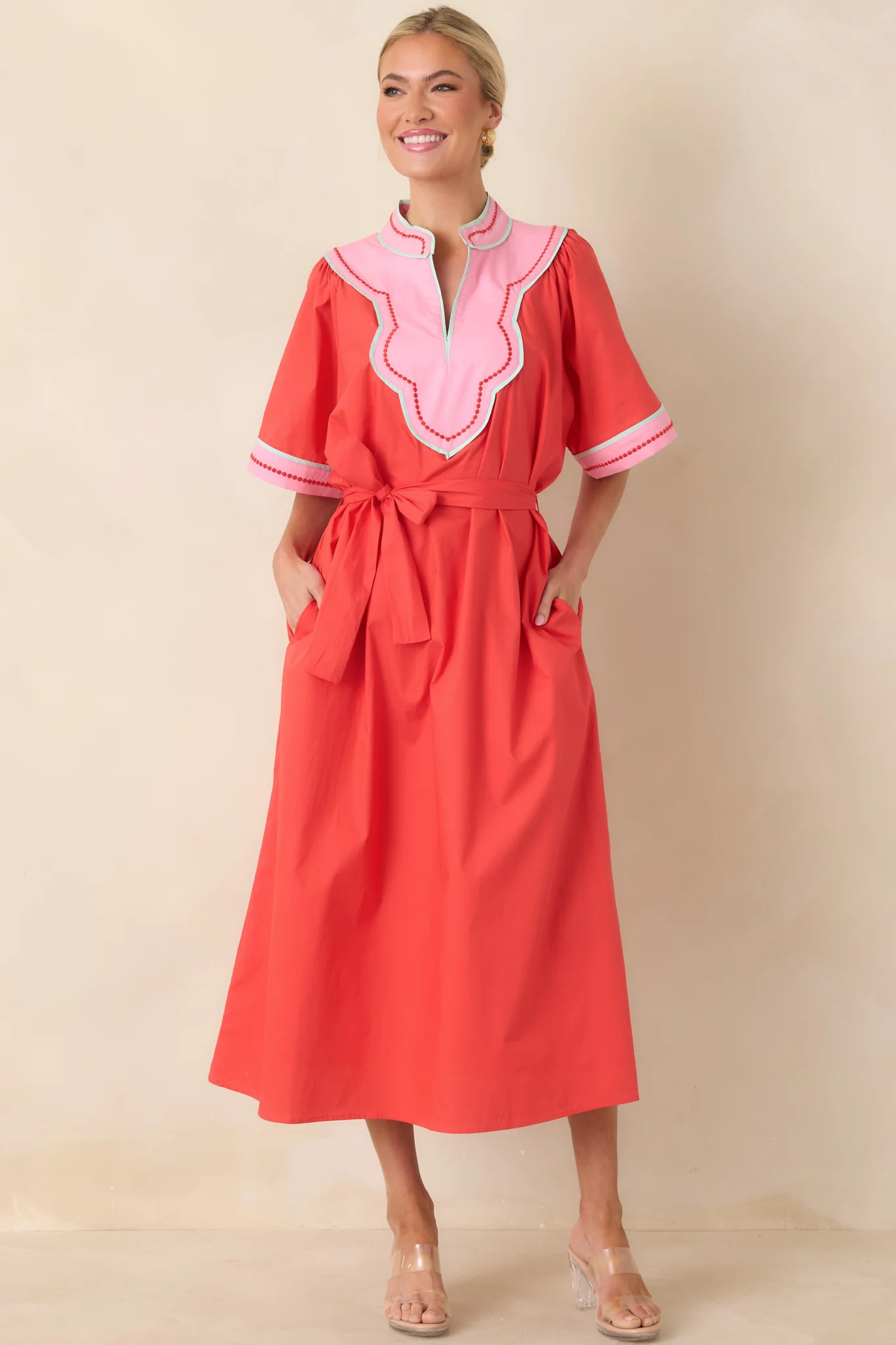 Living Out Loud Poppy Red & Pink Cotton V-Neck Midi Dress | Red Dress