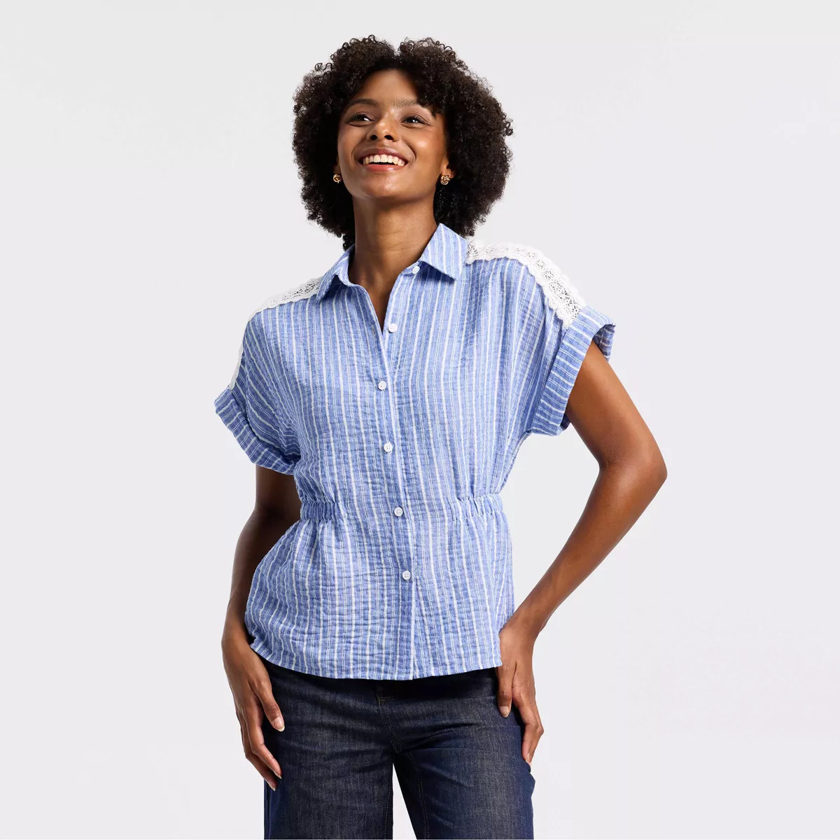 Women's Short Sleeve Shoulder Lace Trim Blouse - Universal Thread\u2122 Blue Striped XS | Target