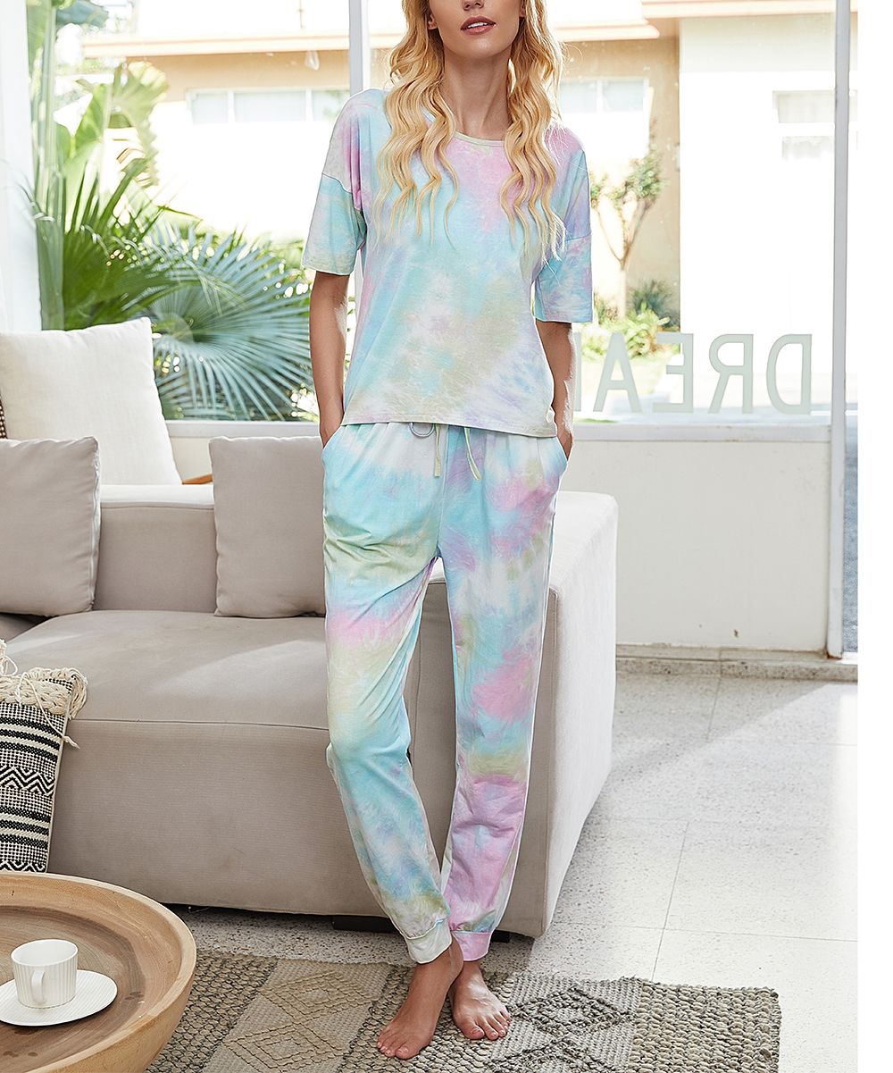 Floral Blooming Women's Sweatpants Green - Green Tie-Dye Tee & Pocket Joggers - Women | Zulily