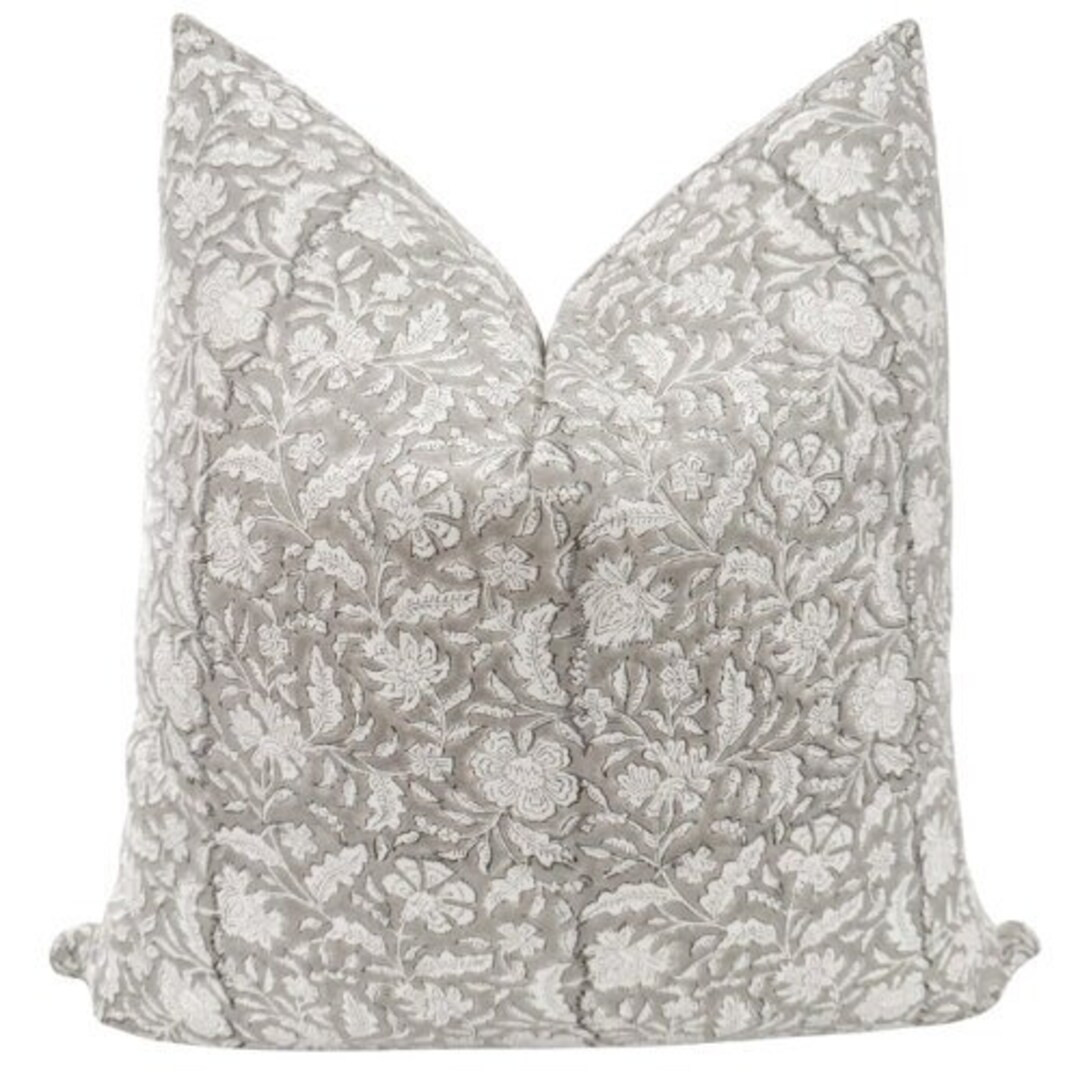 Greige Floral Block Print Pillow Cover, Floral Pillow Cover, Gray Pillow Cover, Block Print Pillo... | Etsy (US)