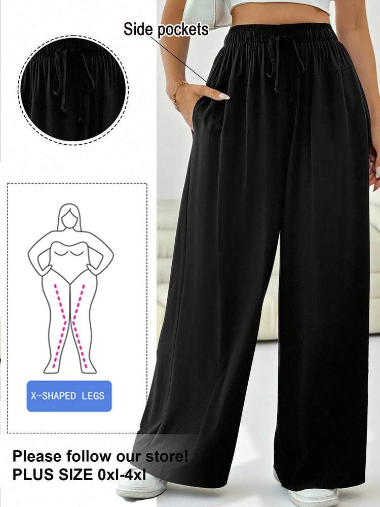 Solflare Plus Size Black Pockets Drawstring Waist Casual Loose Wide Leg Pants Flowy Pants,Fall Clothes For Women | SHEIN